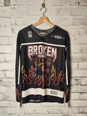Broken Promises Flame Dog Graphic Hockey Jersey Streetwear Small